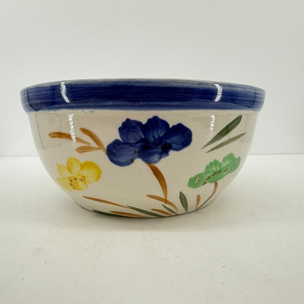 Hand Painted Stoneware Floral Mixing Serving Bowl Blue Rim Rustic Farmhouse 7.5
